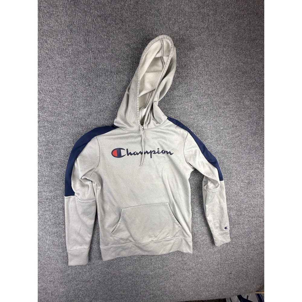 Champion Hoodie Mens Small Gray Navy Logo Pullover Fleece Kangaroo Pocket